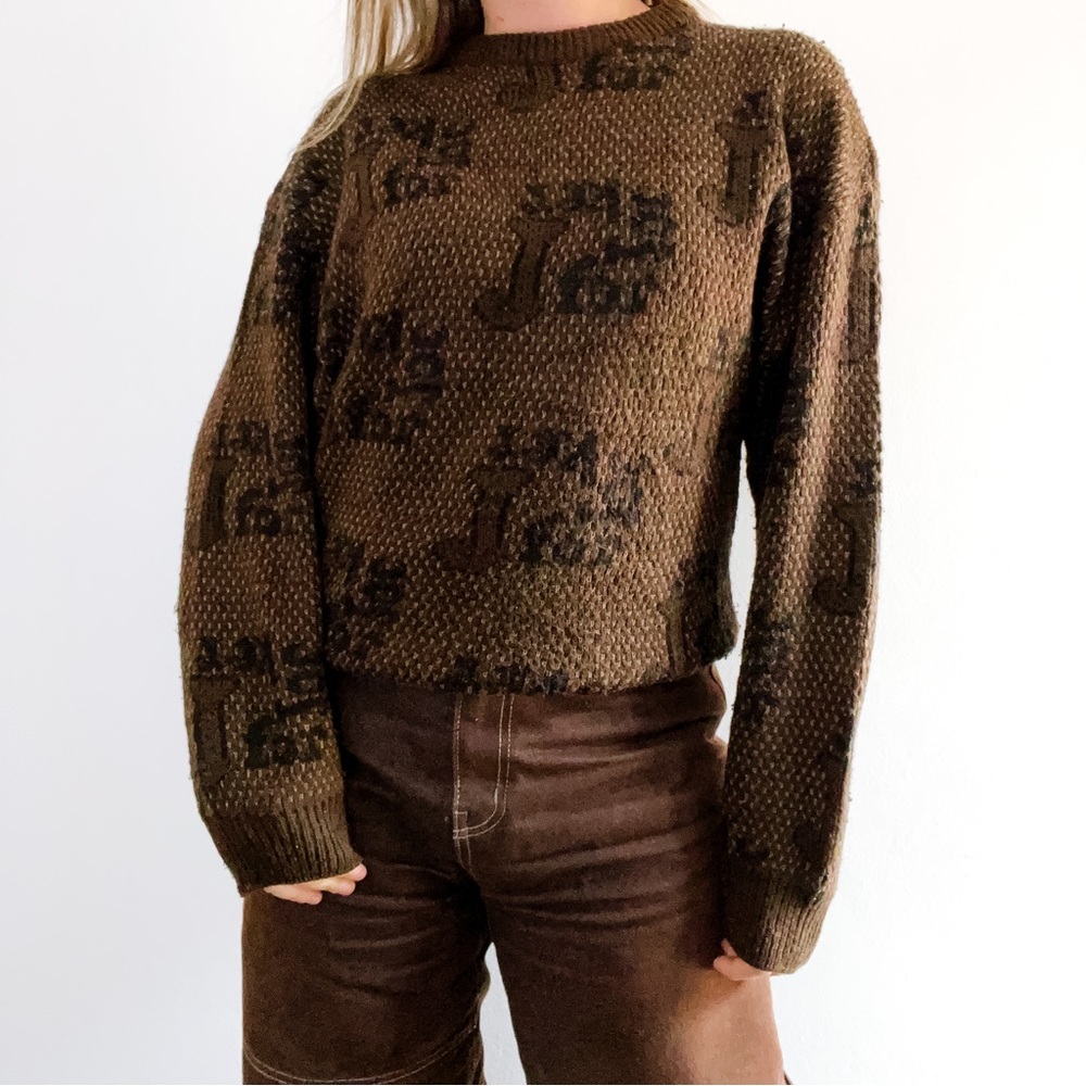 Vintage Brown J Print 1990s Knit Sweater • Beat for 8-12 - Picture 1 of 6